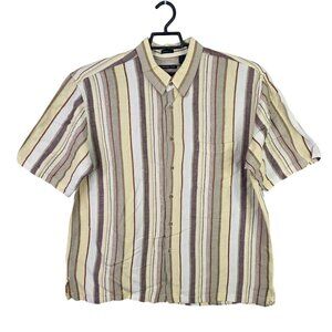 Mens Van Heusen Studio Brown Striped Shirt Linen Blend Button Up Short Sleeve XL